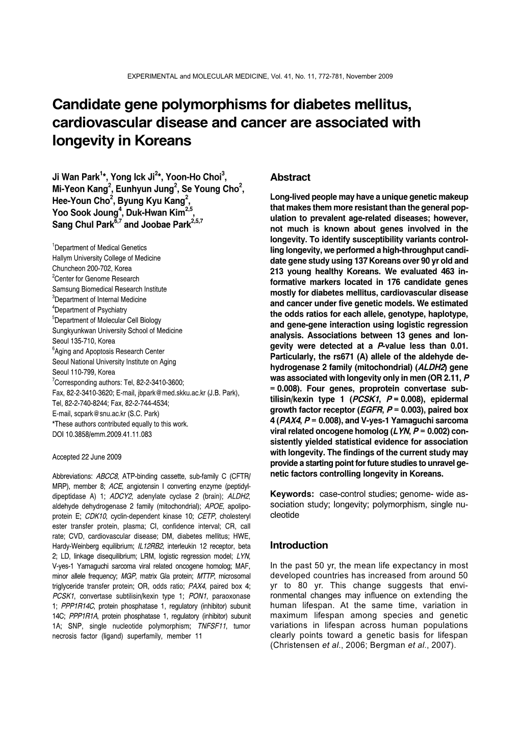 Candidate Gene Polymorphisms for Diabetes Mellitus, Cardiovascular Disease and Cancer Are Associated with Longevity in Koreans