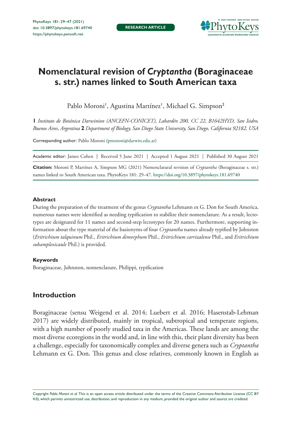 Nomenclatural Revision of Cryptantha (Boraginaceae S. Str.) Names Linked to South American Taxa