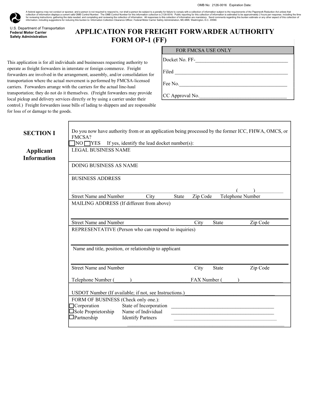 Application for Freight Forwarder Authority