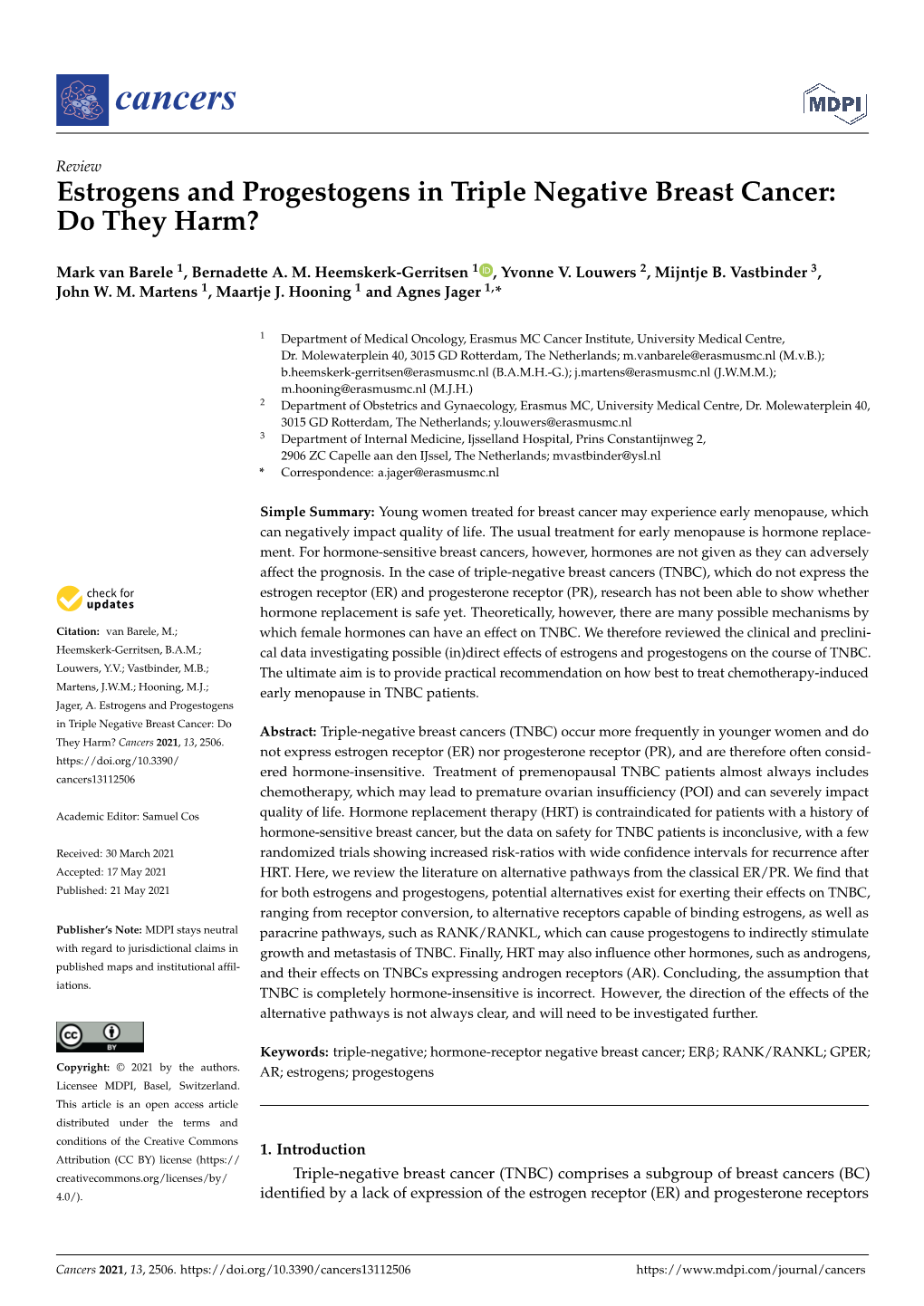 Estrogens and Progestogens in Triple Negative Breast Cancer: Do They Harm?