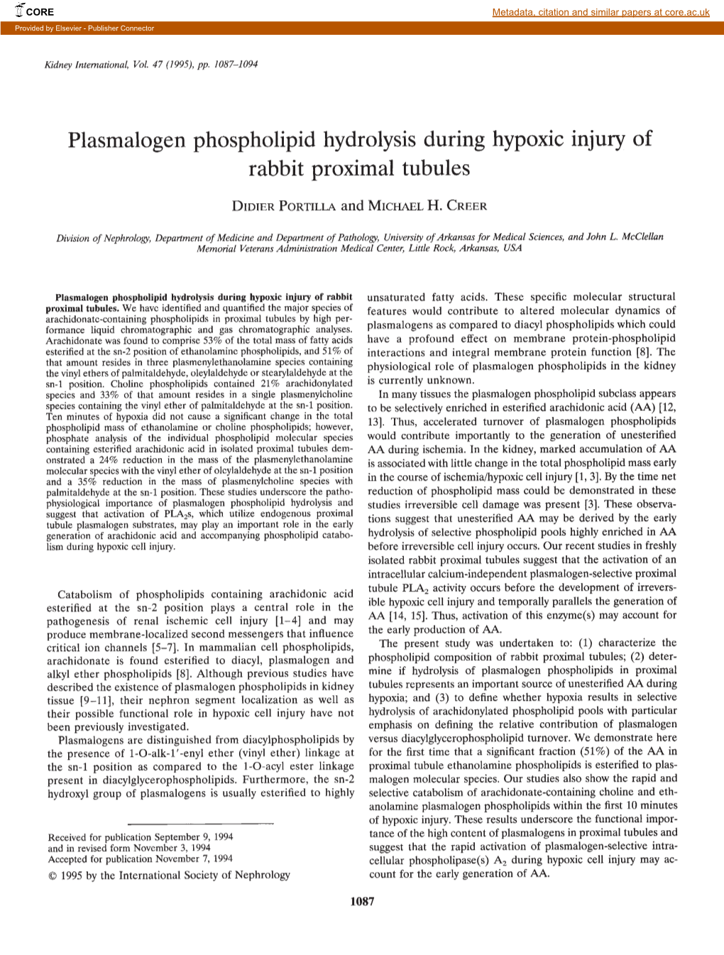 Plasmalogen Phospholipid Hydrolysis During Hypoxic Injury of Rabbit Proximal Tubules