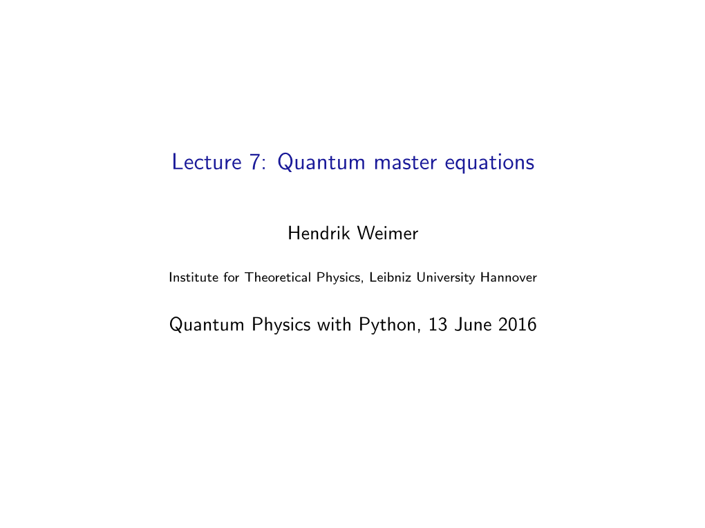 Lecture 7: Quantum Master Equations