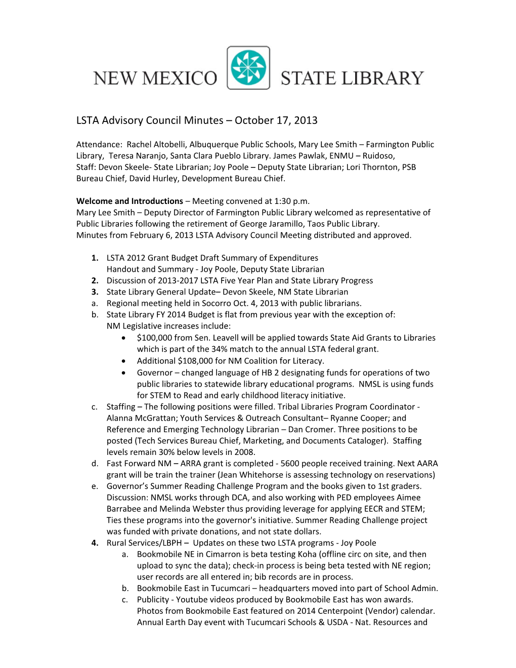 LSTA Advisory Council Minutes October 17, 2013