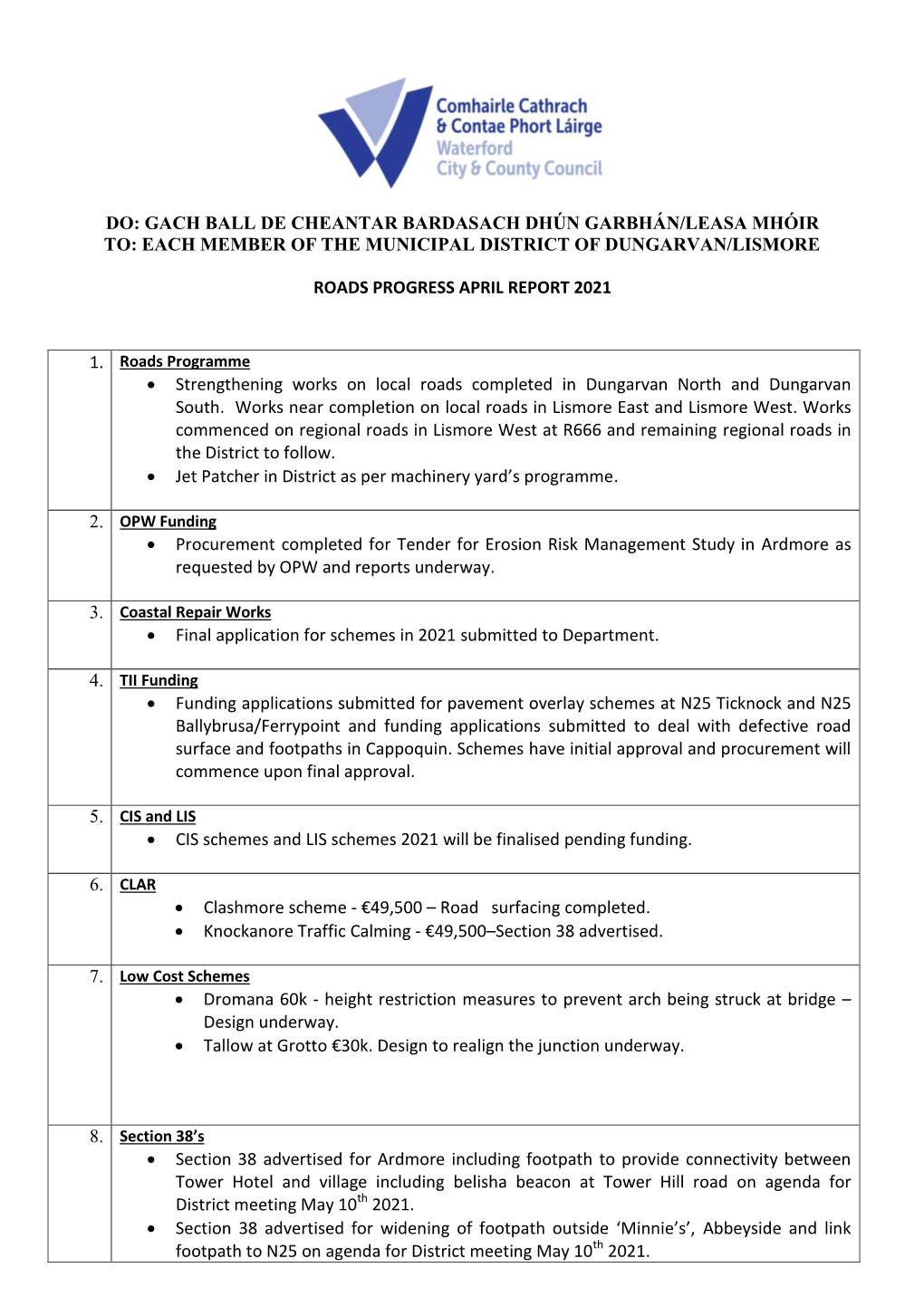 3E). Roads Report Dungarvan Lismore 10Th May 2021