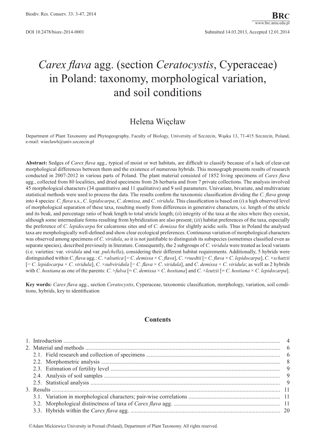 Carex Flava Agg. (Section Ceratocystis, Cyperaceae) in Poland: Taxonomy, Morphological Variation, and Soil Conditions