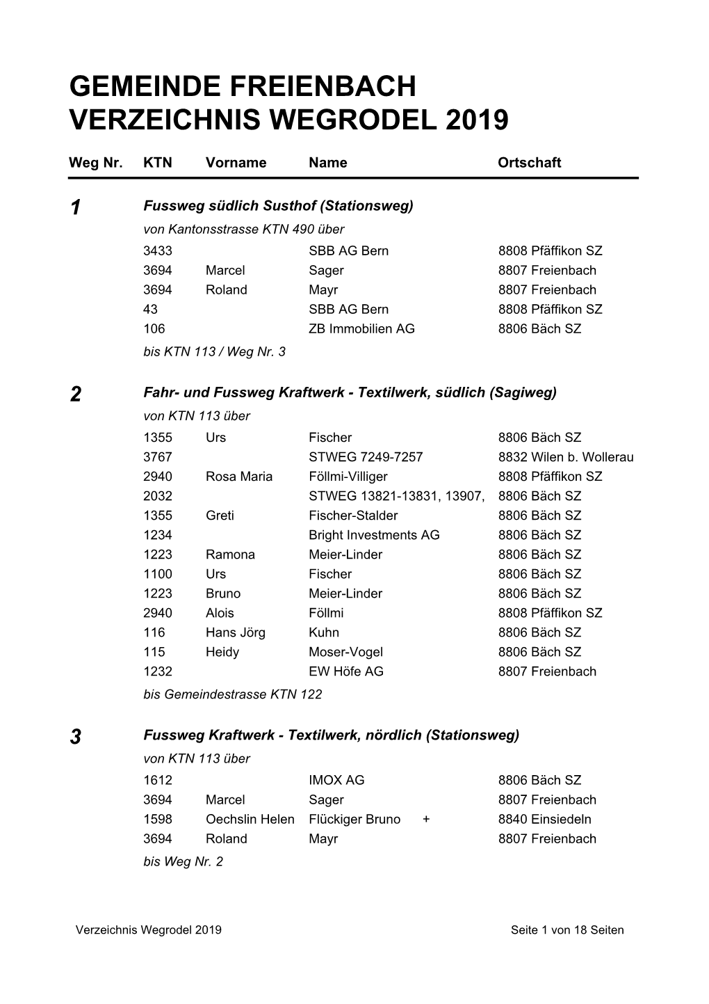 Gemeinde Freienbach Verzeichnis Wegrodel 2019