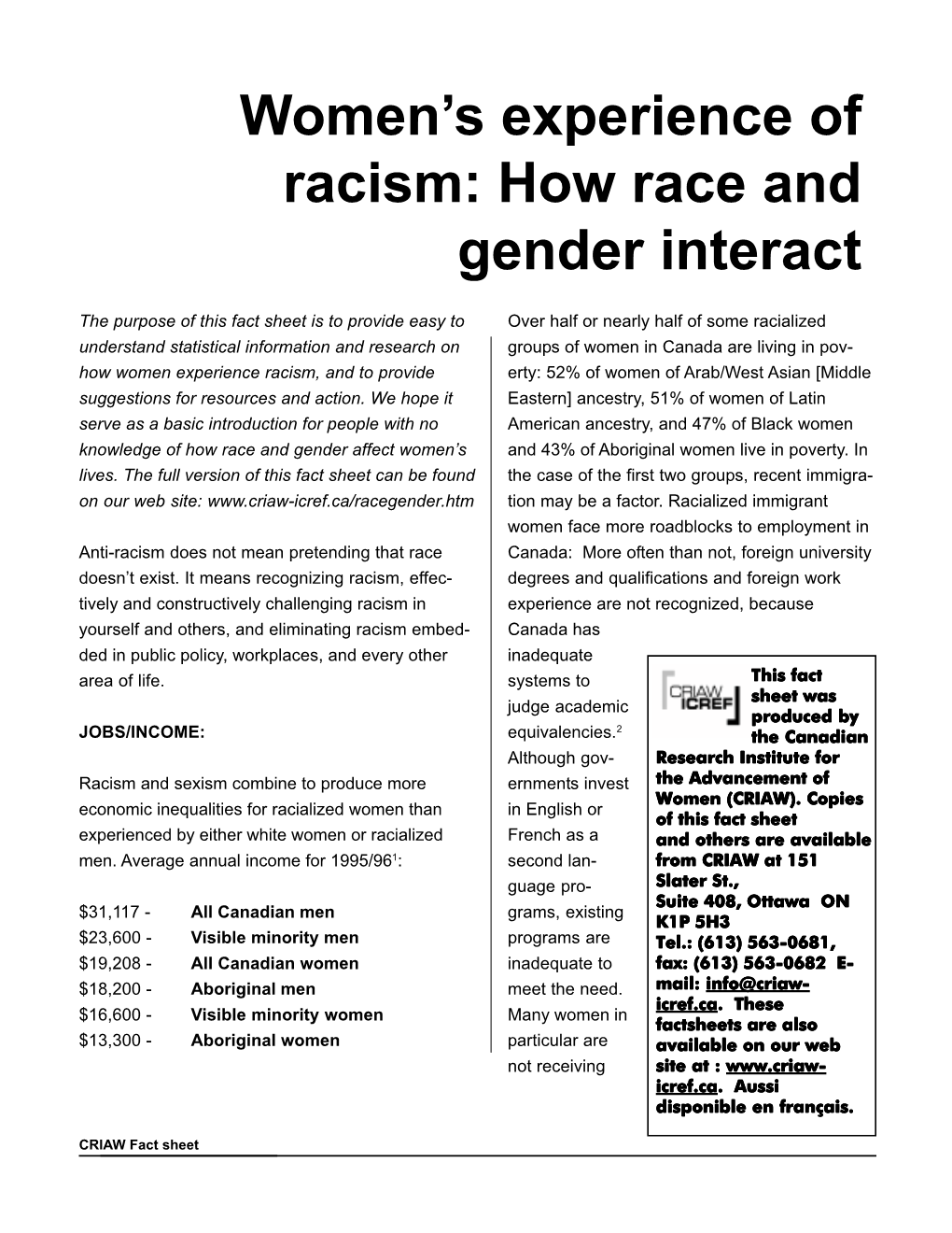 Women's Experience of Racism: How Race and Gender Interact