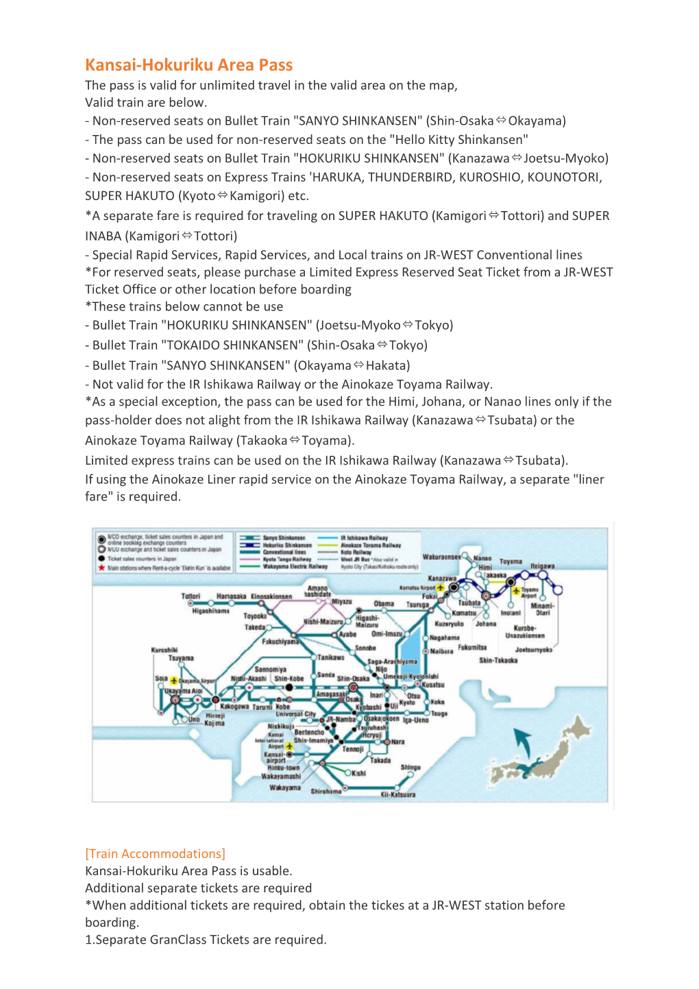 Kansai-Hokuriku Area Pass the Pass Is Valid for Unlimited Travel in the Valid Area on the Map, Valid Train Are Below