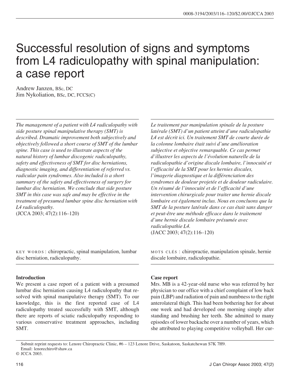 Successful Resolution of Signs and Symptoms from L4 Radiculopathy with Spinal Manipulation: a Case Report