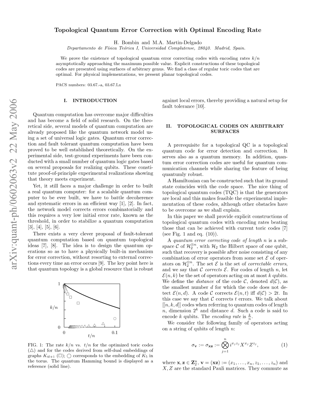 Quant-Ph/0602063V2 22 May 2006 I.1 H Rate the 1: FIG