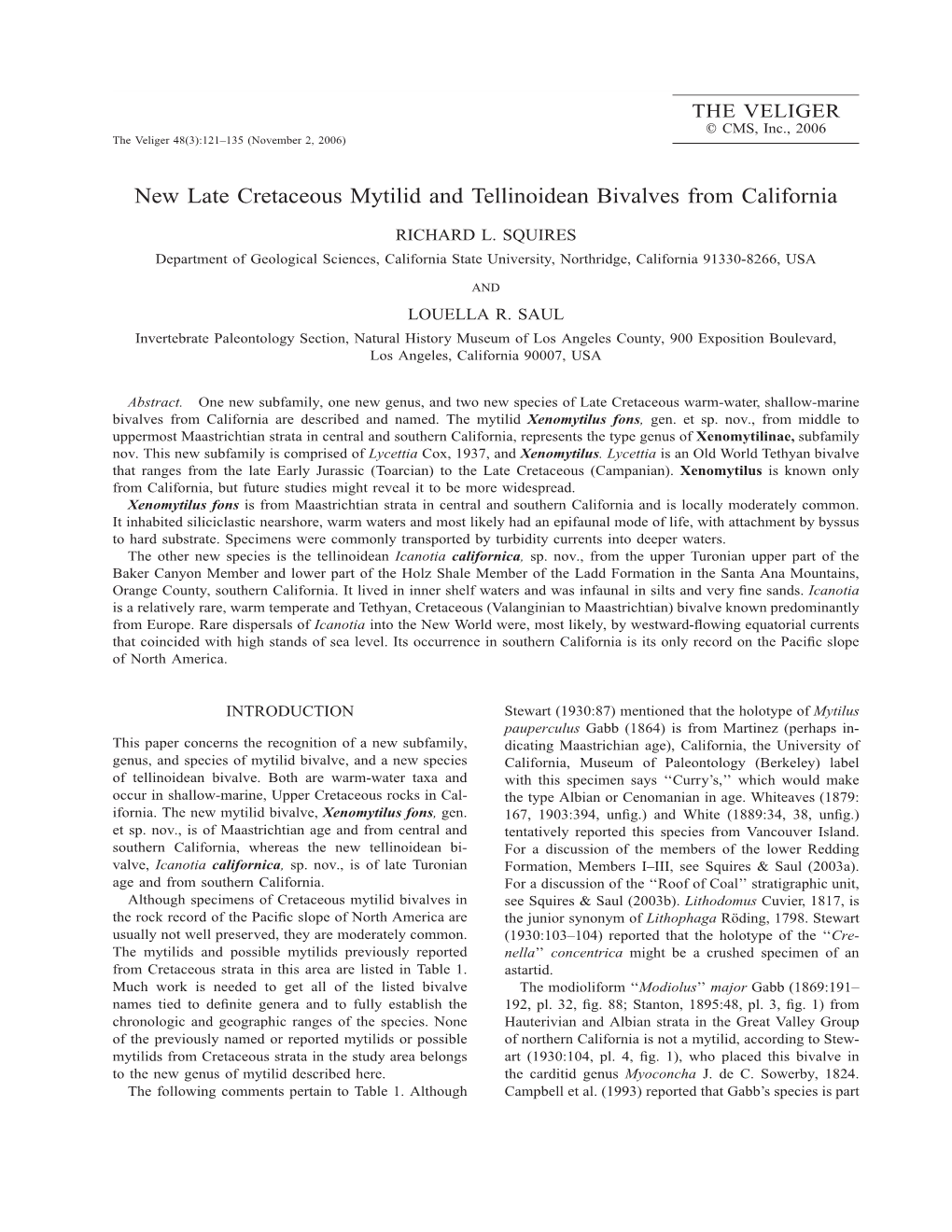 New Late Cretaceous Mytilid and Tellinoidean Bivalves from California