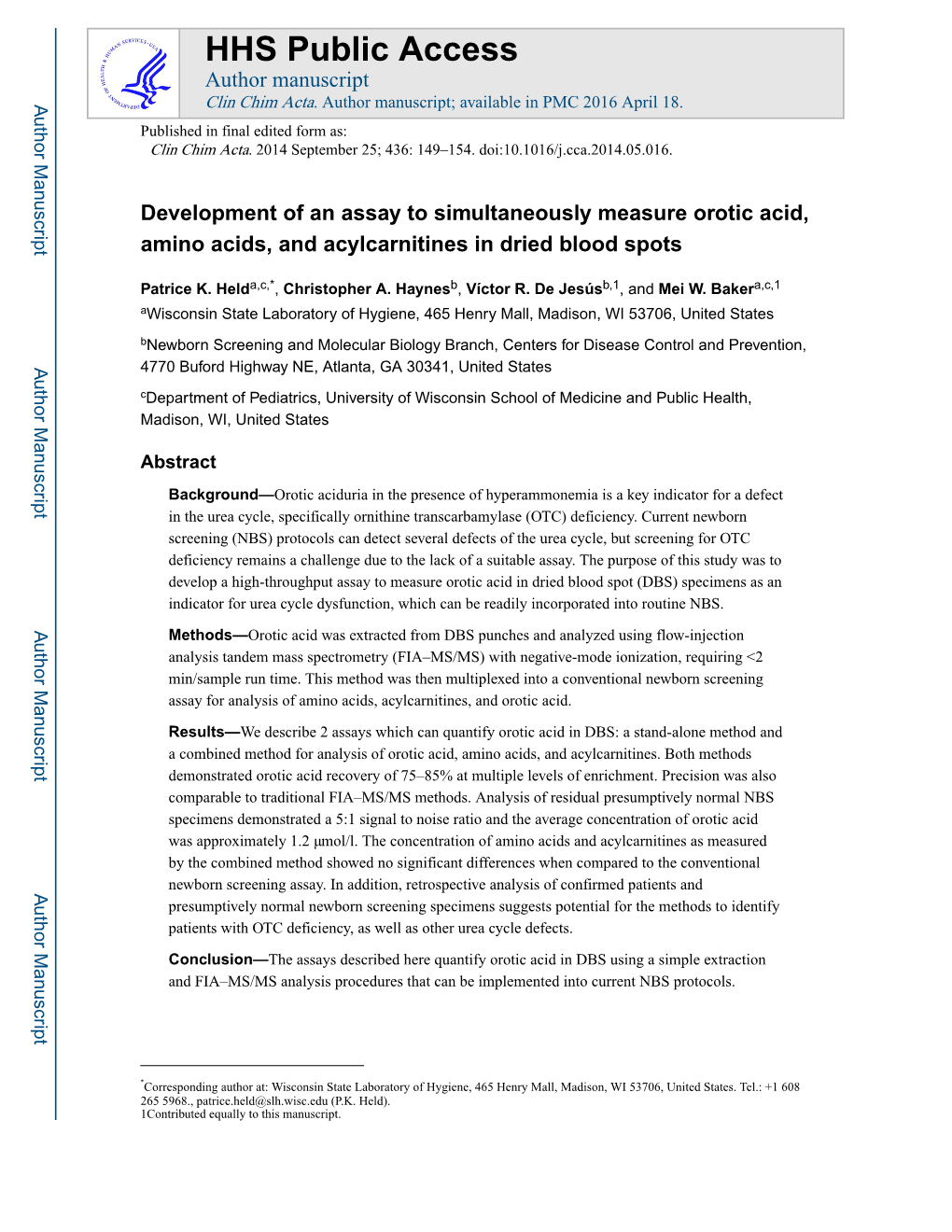 Development of an Assay to Simultaneously Measure Orotic Acid, Amino Acids, and Acylcarnitines in Dried Blood Spots