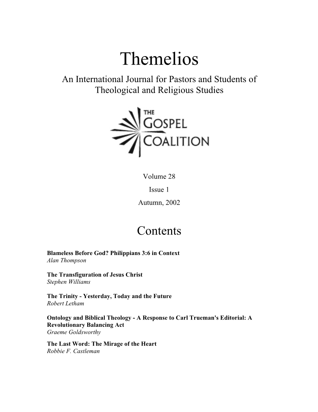 Themelios an International Journal for Pastors and Students of Theological and Religious Studies