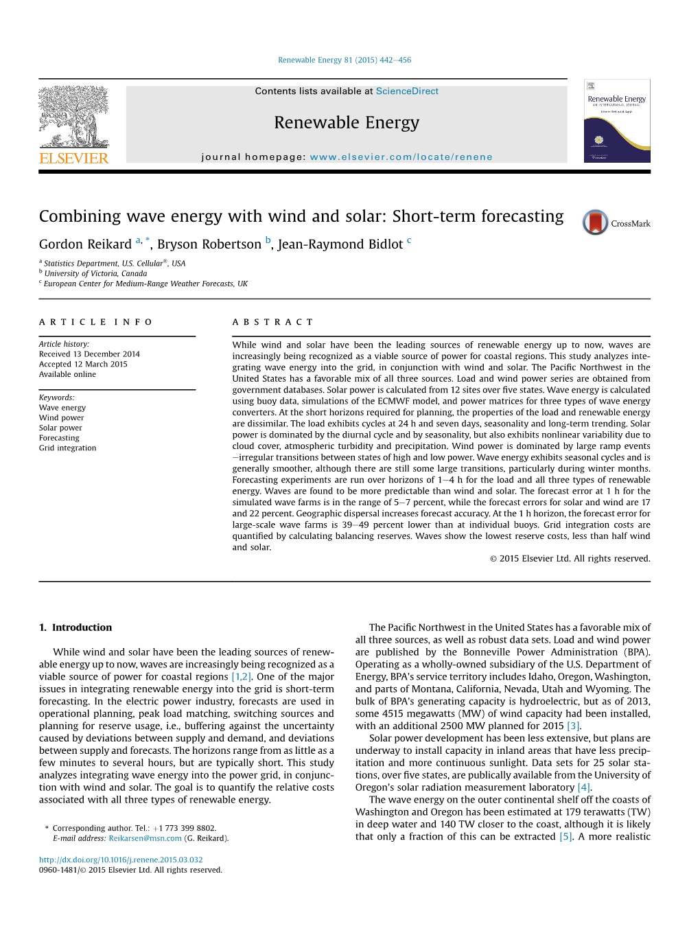 Combining Wave Energy with Wind and Solar: Short-Term Forecasting