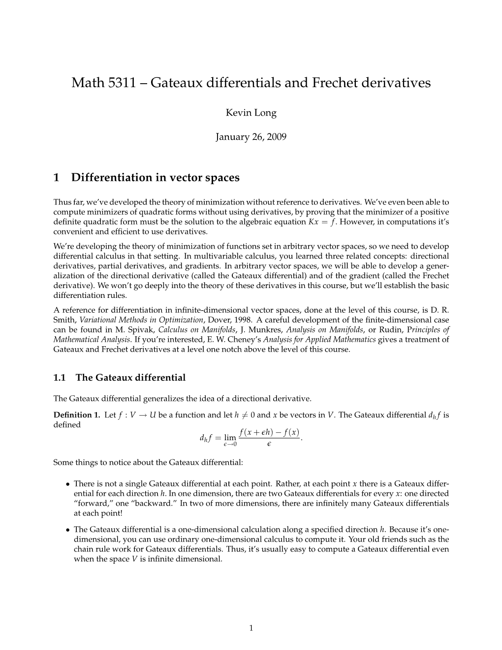 Math 5311 – Gateaux Differentials and Frechet Derivatives