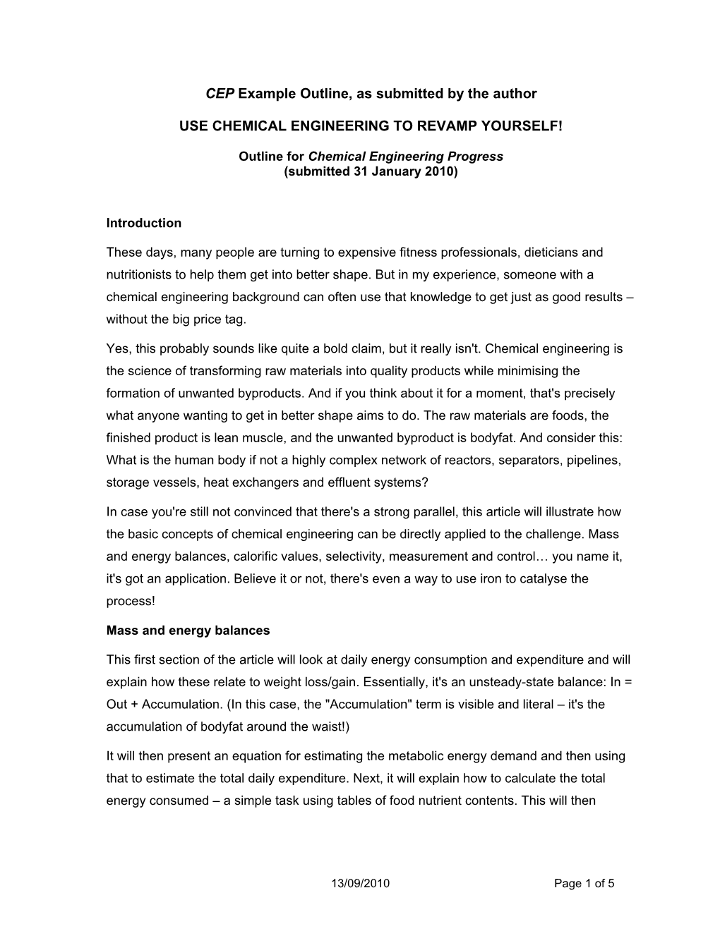 CEP Example Outline, As Submitted by the Author USE CHEMICAL