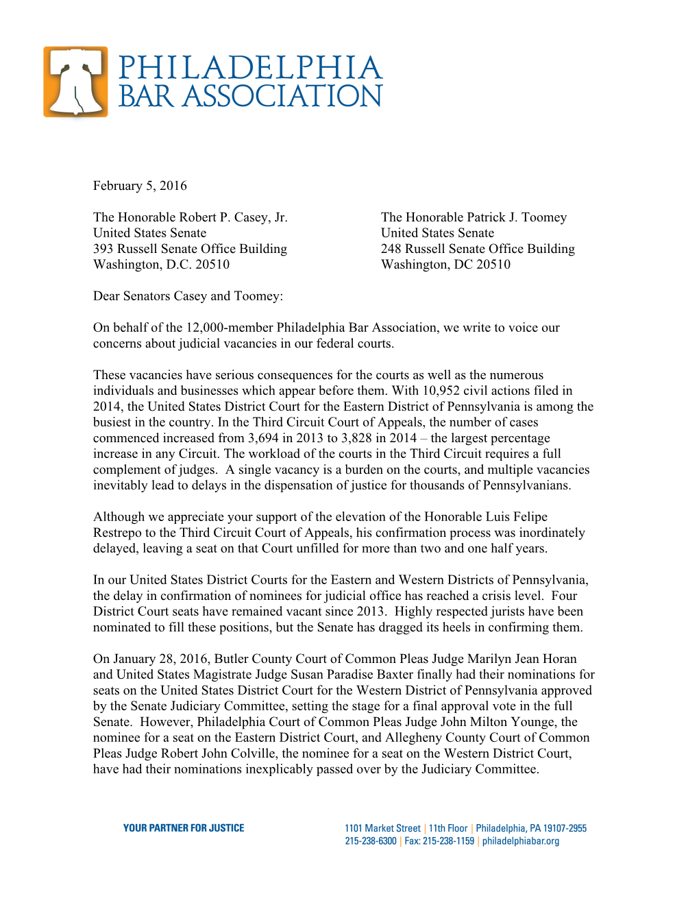 Letter to Senators Casey, Toomey