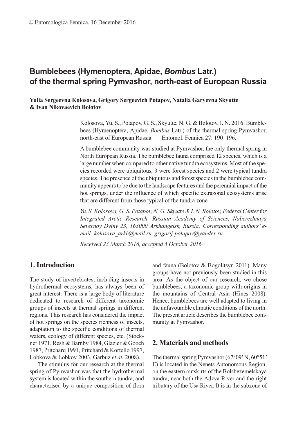 Hymenoptera, Apidae, Bombus Latr.) of the Thermal Spring Pymvashor, North-East of European Russia