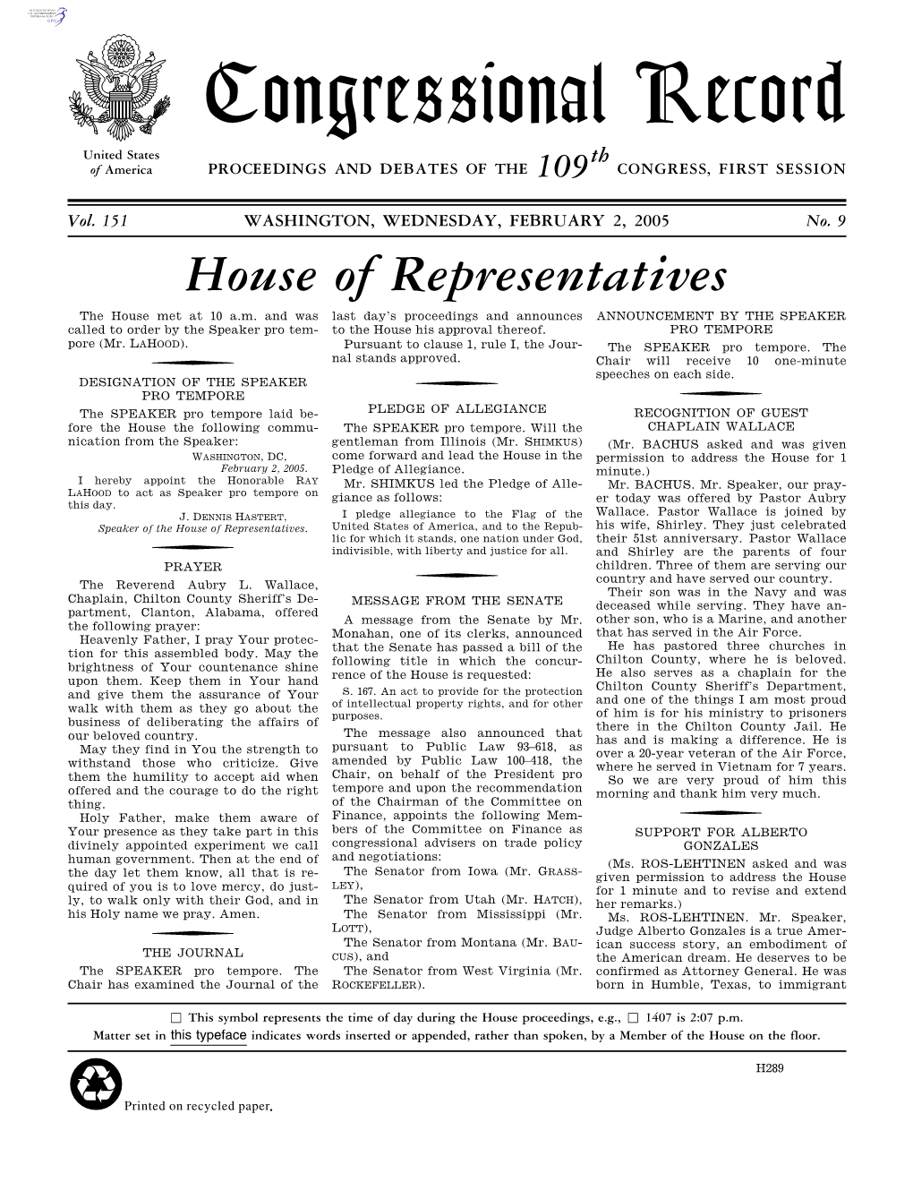 Congressional Record United States Th of America PROCEEDINGS and DEBATES of the 109 CONGRESS, FIRST SESSION