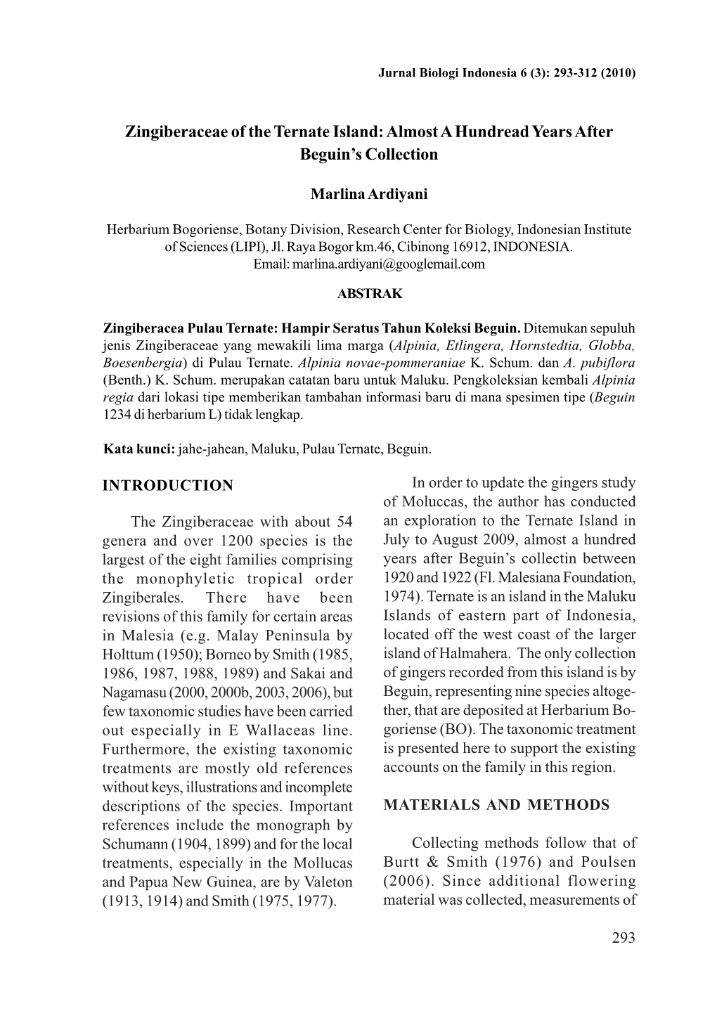 Zingiberaceae of the Ternate Island: Almost a Hundread Years After Beguin’S Collection