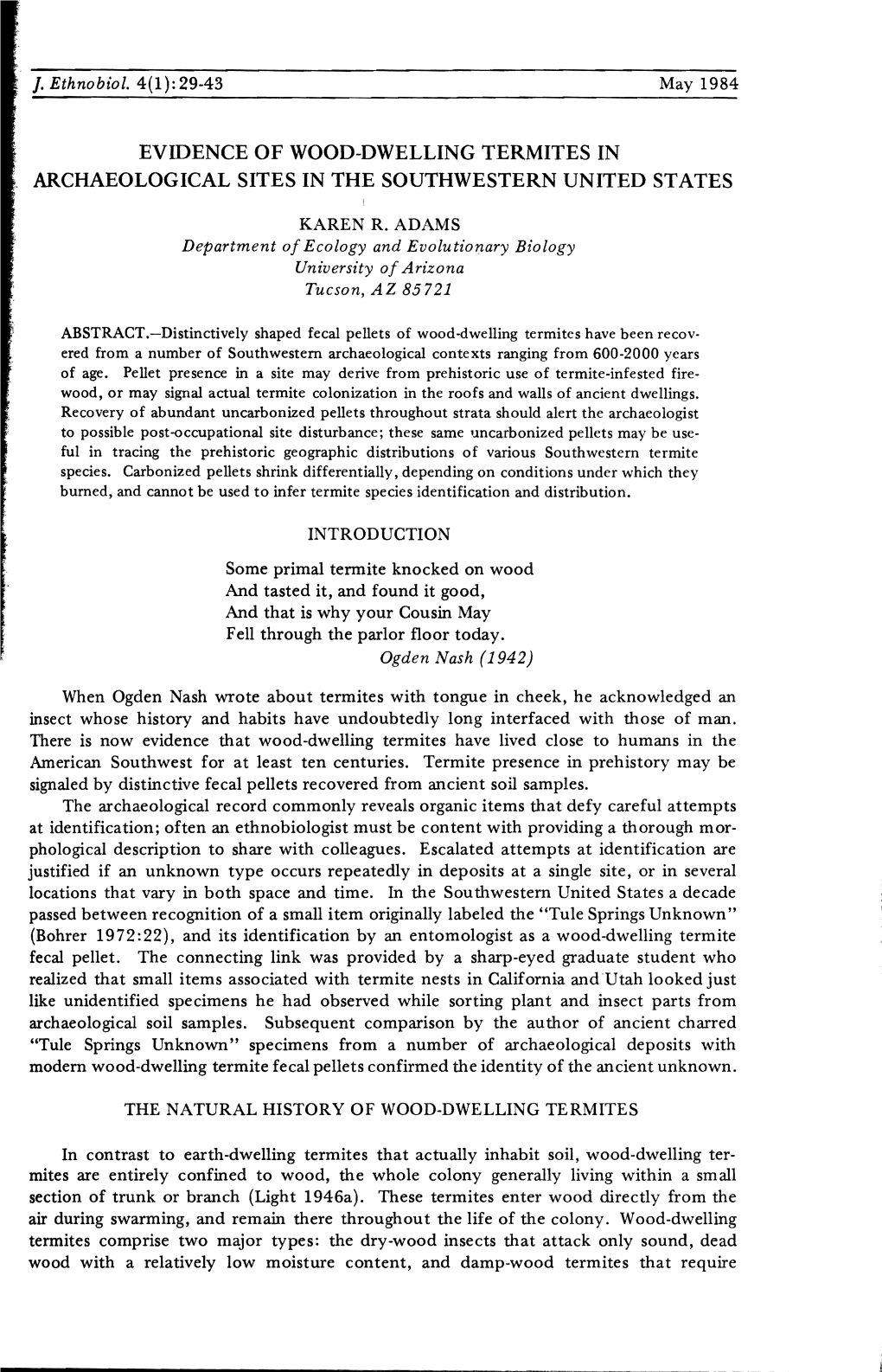 Evidence of Wood-Dwelling Termites in Archaeological Sites in the Southwestern United States