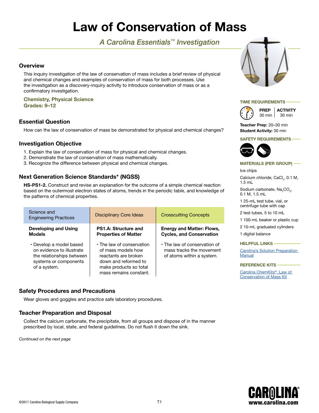 Law of Conservation of Mass a Carolina Essentials™ Investigation