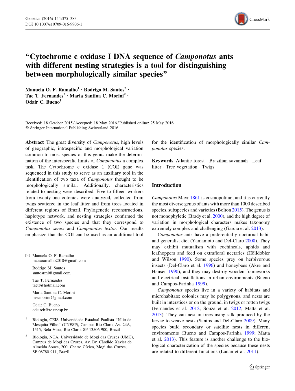 “Cytochrome C Oxidase I DNA Sequence of Camponotus Ants With