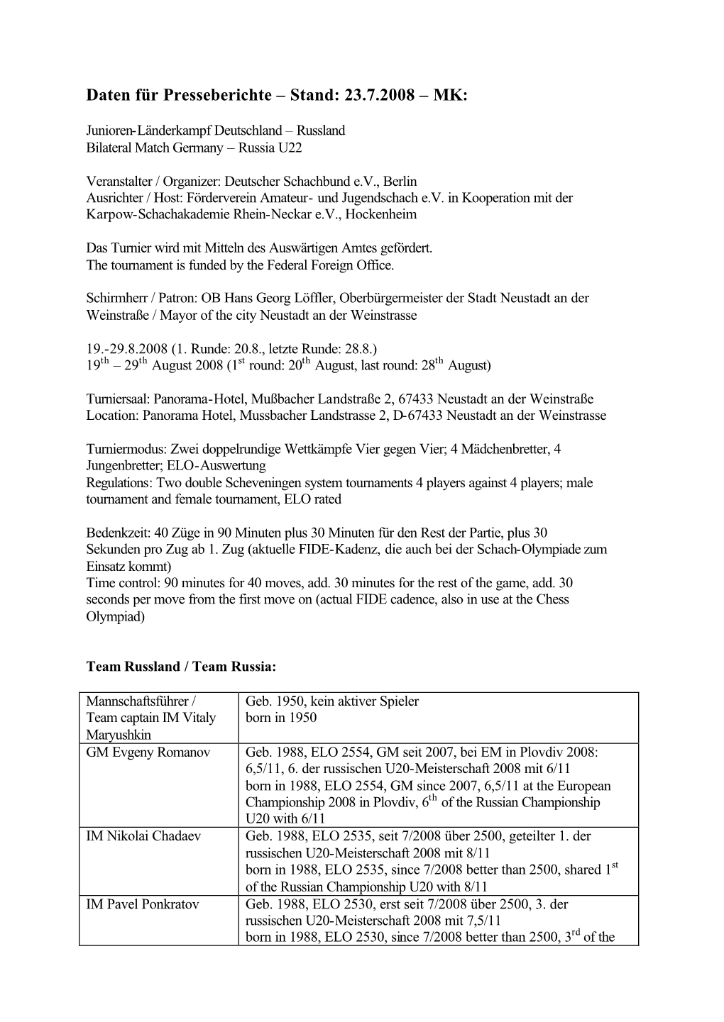 Daten Für Presseberichte – Stand: 23.7.2008 – MK