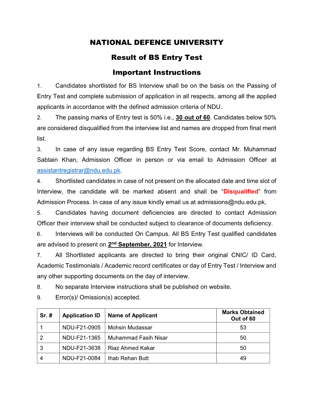 NATIONAL DEFENCE UNIVERSITY Result of BS Entry Test Important