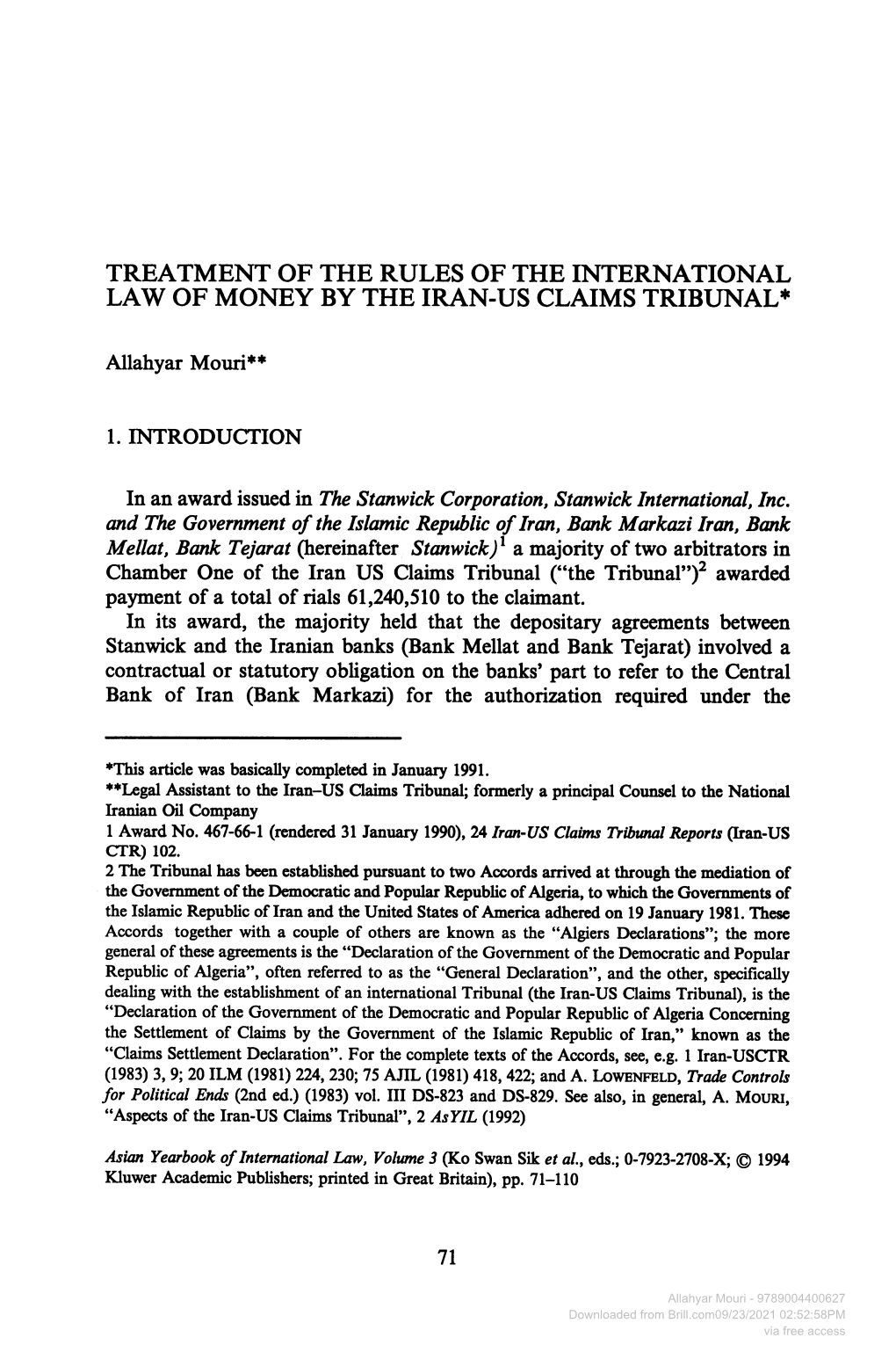 Treatment of the Rules of the International Law of Money by the Iran-Us Claims Tribunal *