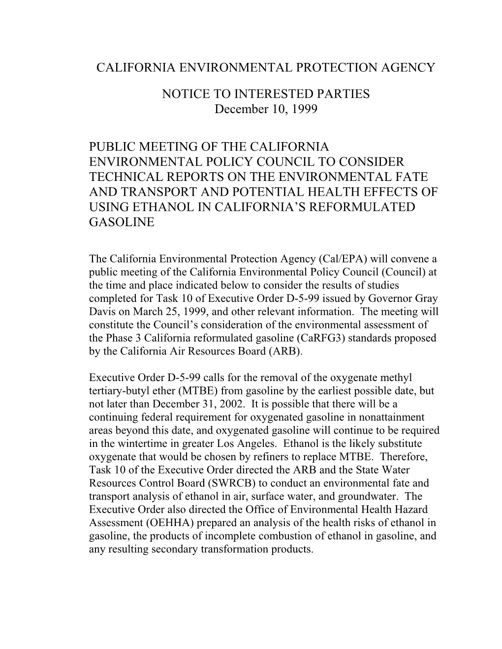 Public Meeting of the California Environmental Policy Council to Consider Technical Reports