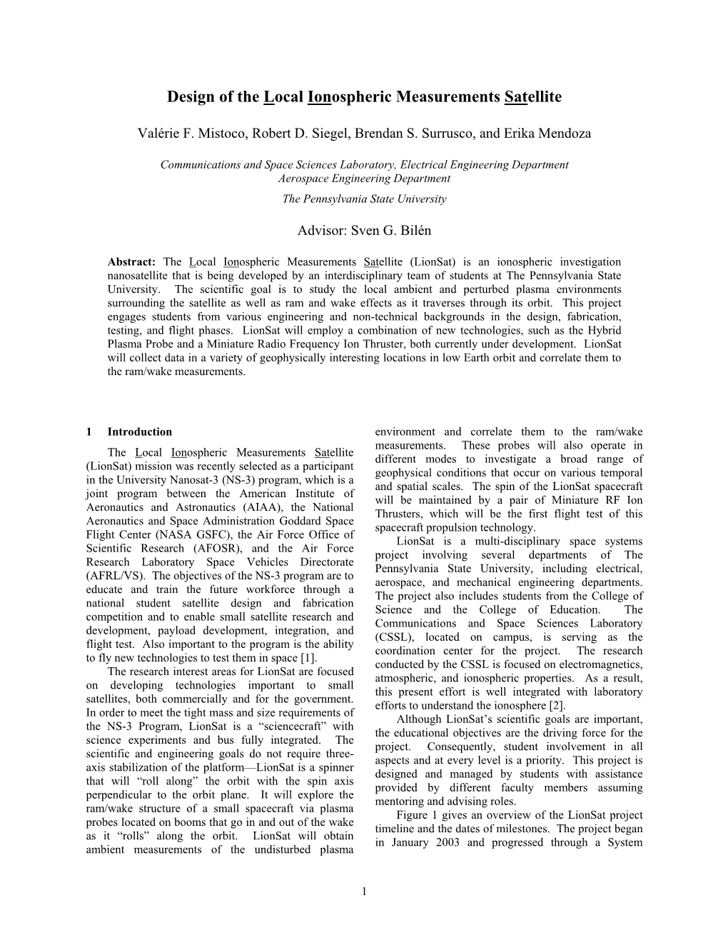 Design of the Local Ionospheric Measurements Satellite