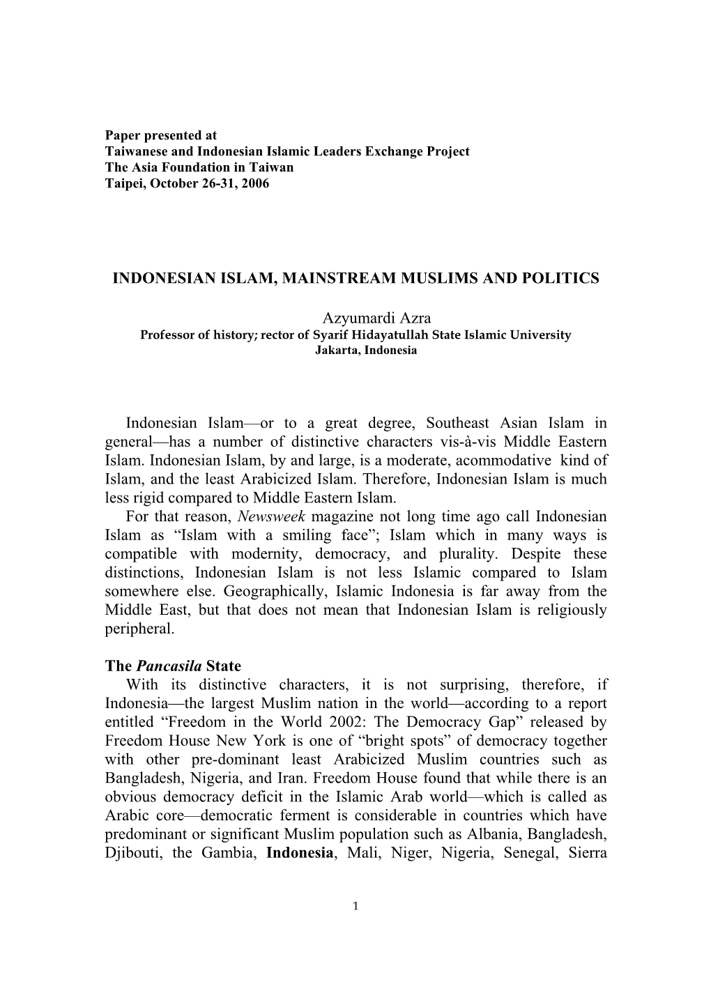 Indonesian Islam, Mainstream Muslims and Politics