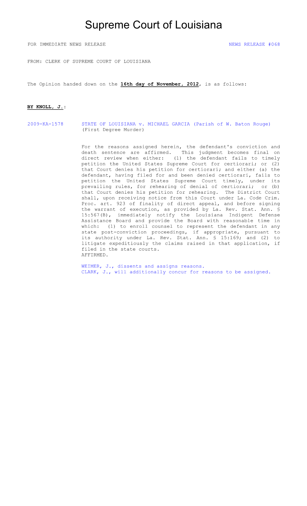 2009-KA-1578 STATE of LOUISIANA V. MICHAEL GARCIA (Parish of W