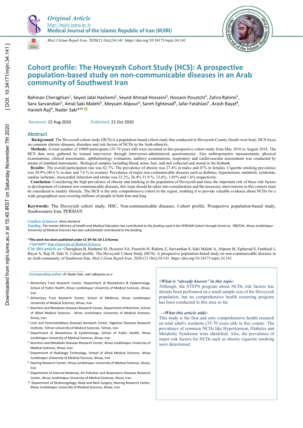 Cohort Profile: the Hoveyzeh Cohort Study (HCS): a Prospective Population-Based Study on Non-Communicable Diseases in an Arab Community of Southwest Iran