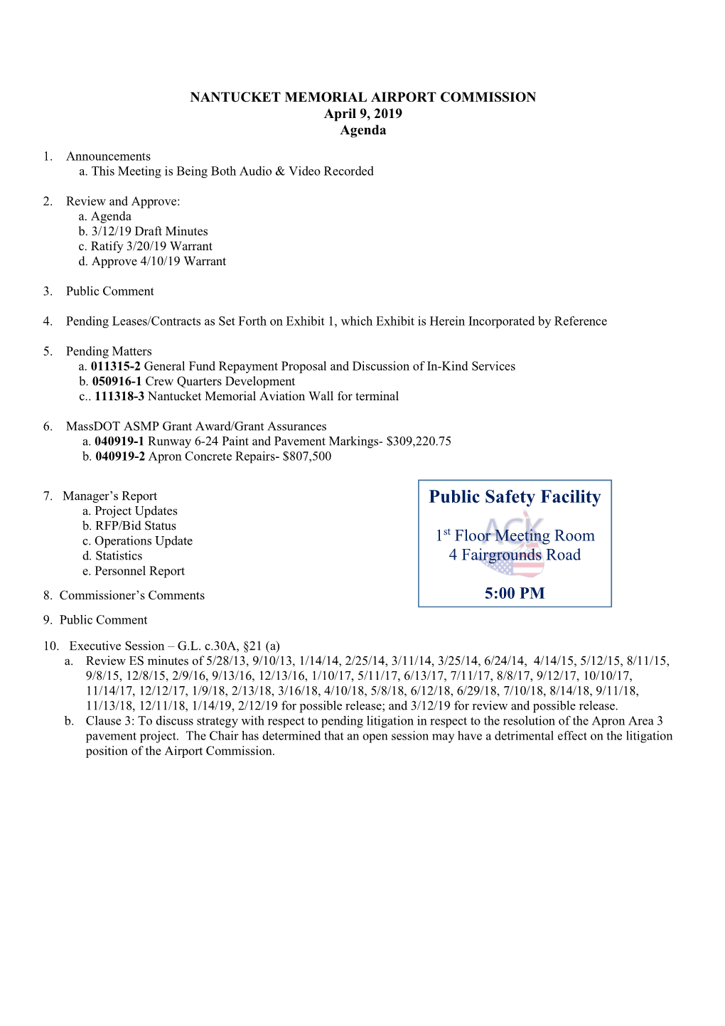 NANTUCKET MEMORIAL AIRPORT COMMISSION April 9, 2019 Agenda 1