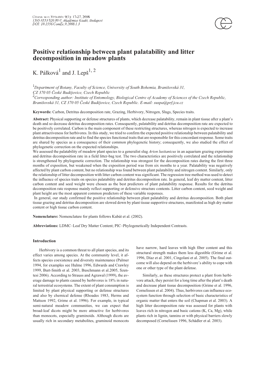 Positive Relationship Between Plant Palatability and Litter Decomposition in Meadow Plants