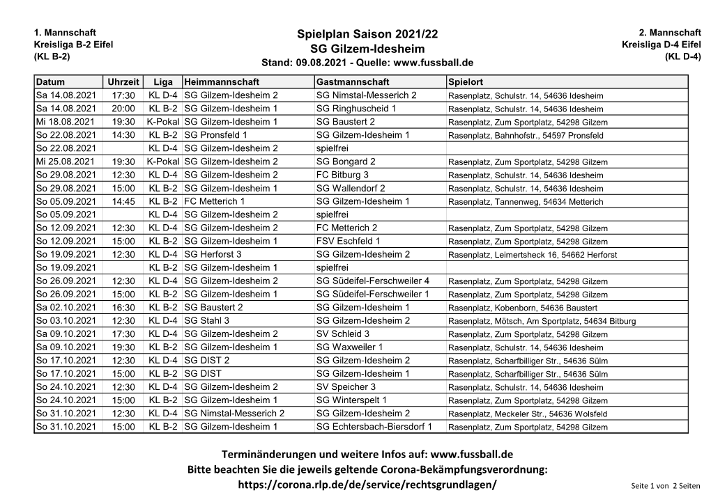 Spielplan Saison 2021/22 SG Gilzem-Idesheim