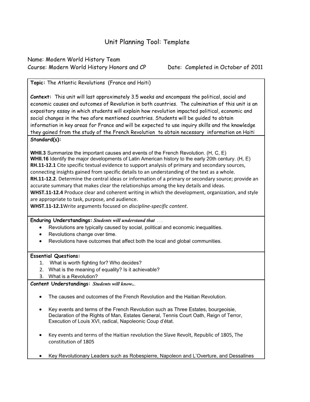 Unit Planning Tool: Template