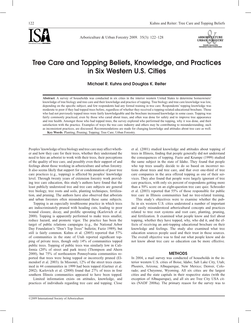 Tree Care and Topping Beliefs, Knowledge, and Practices in Six Western U.S