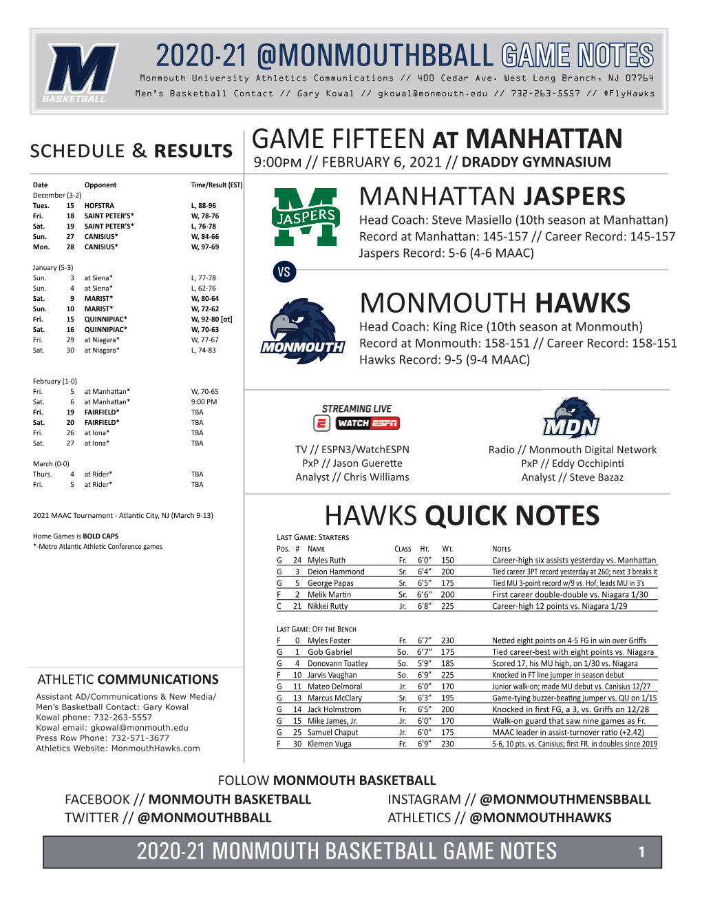 2020-21 @MONMOUTHBBALL GAME NOTES Monmouth University Athletics Communications // 400 Cedar Ave