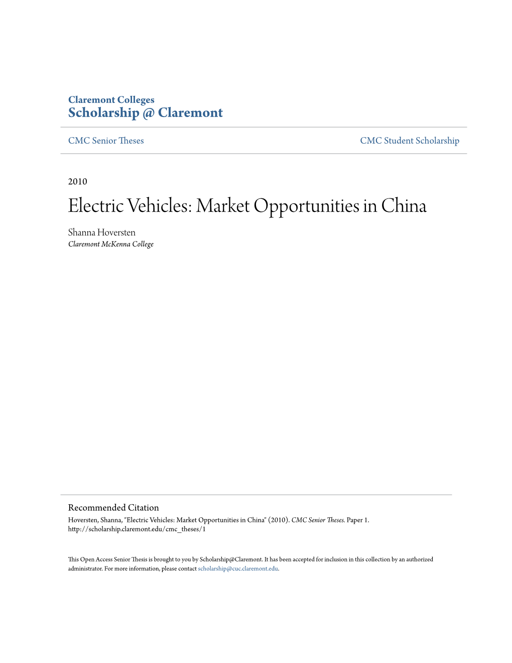 Electric Vehicles: Market Opportunities in China Shanna Hoversten Claremont Mckenna College