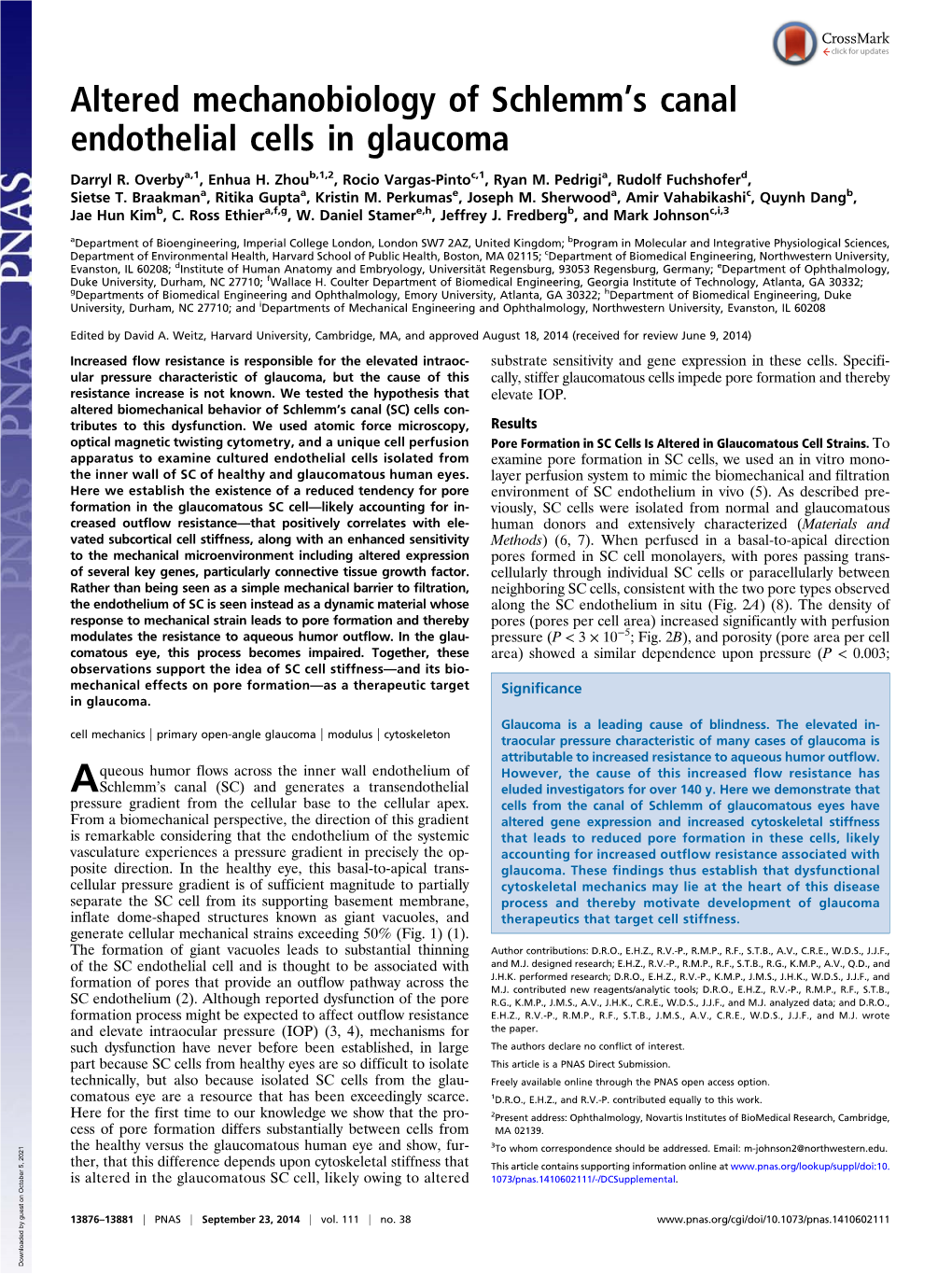 Altered Mechanobiology of Schlemmts Canal Endothelial Cells