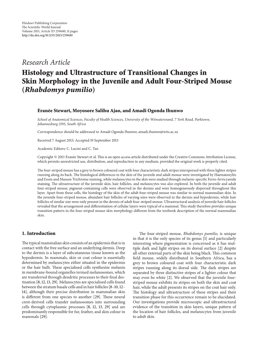 Histology and Ultrastructure of Transitional Changes in Skin Morphology in the Juvenile and Adult Four-Striped Mouse (Rhabdomys Pumilio)