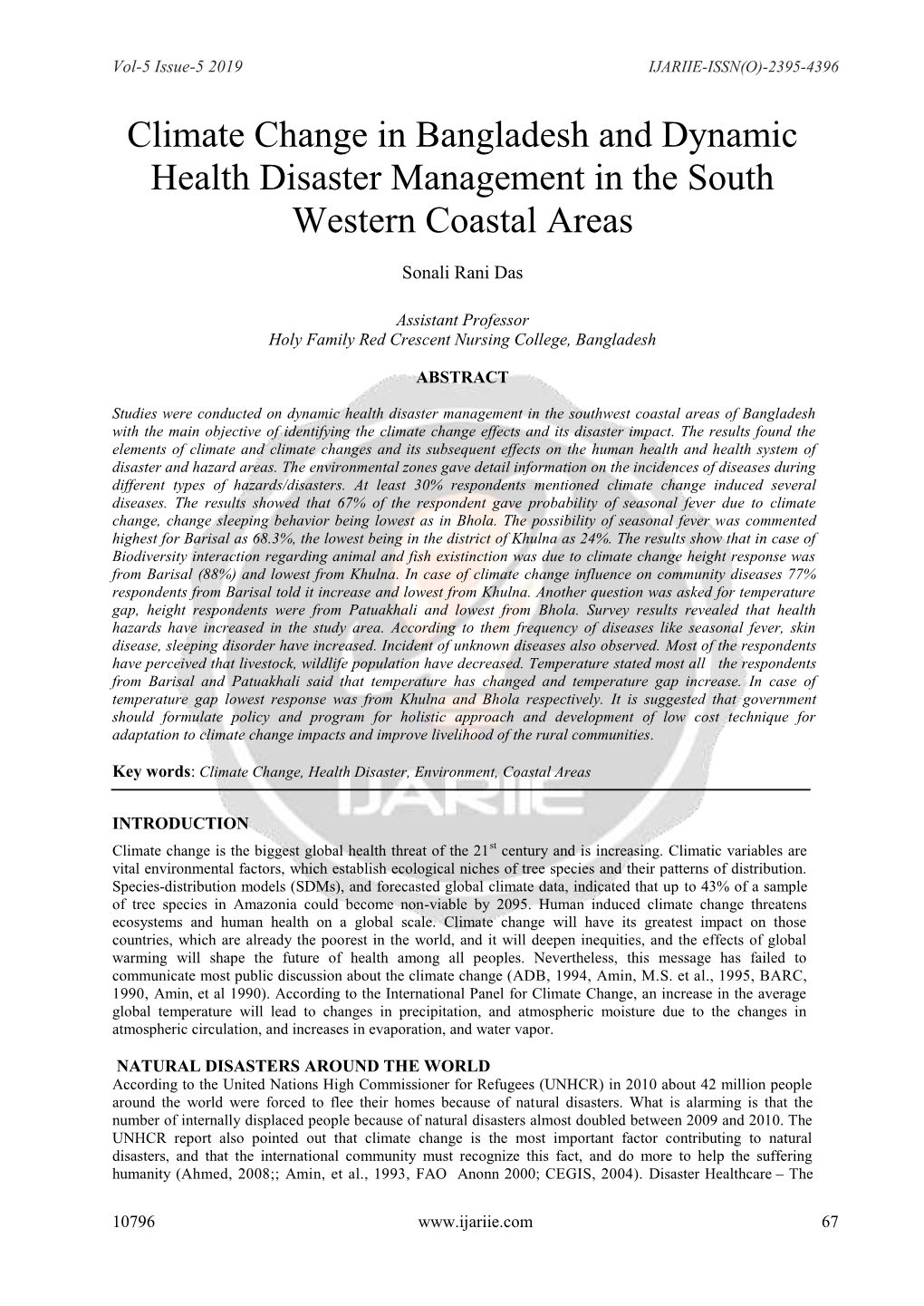 Climate Change in Bangladesh and Dynamic Health Disaster Management in the South Western Coastal Areas
