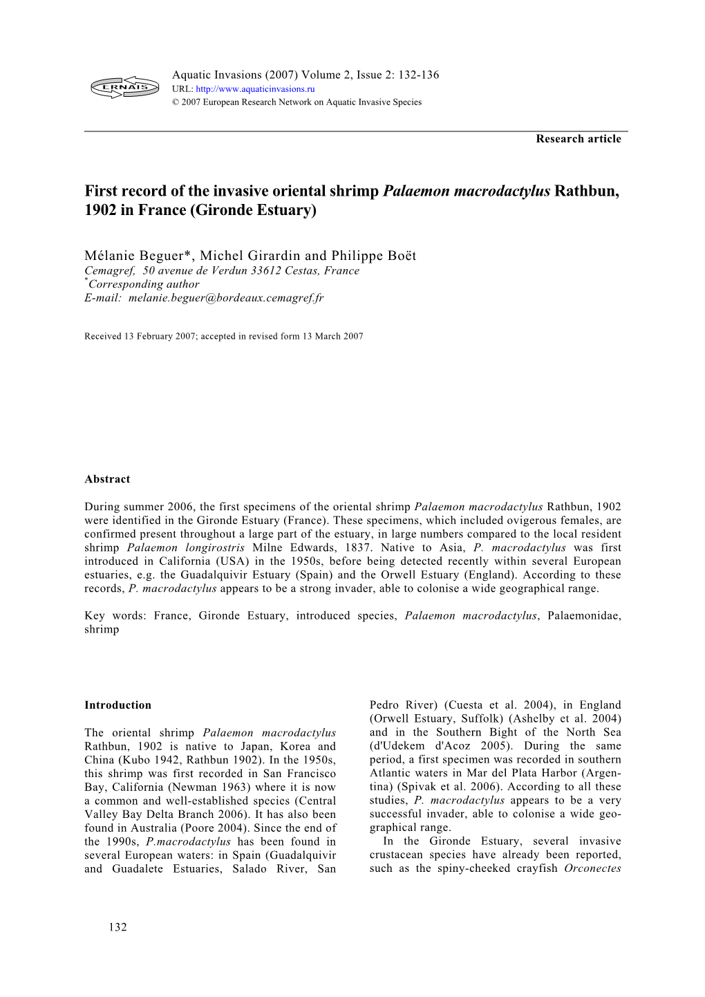 First Record of the Invasive Oriental Shrimp Palaemon Macrodactylus Rathbun, 1902 in France (Gironde Estuary)