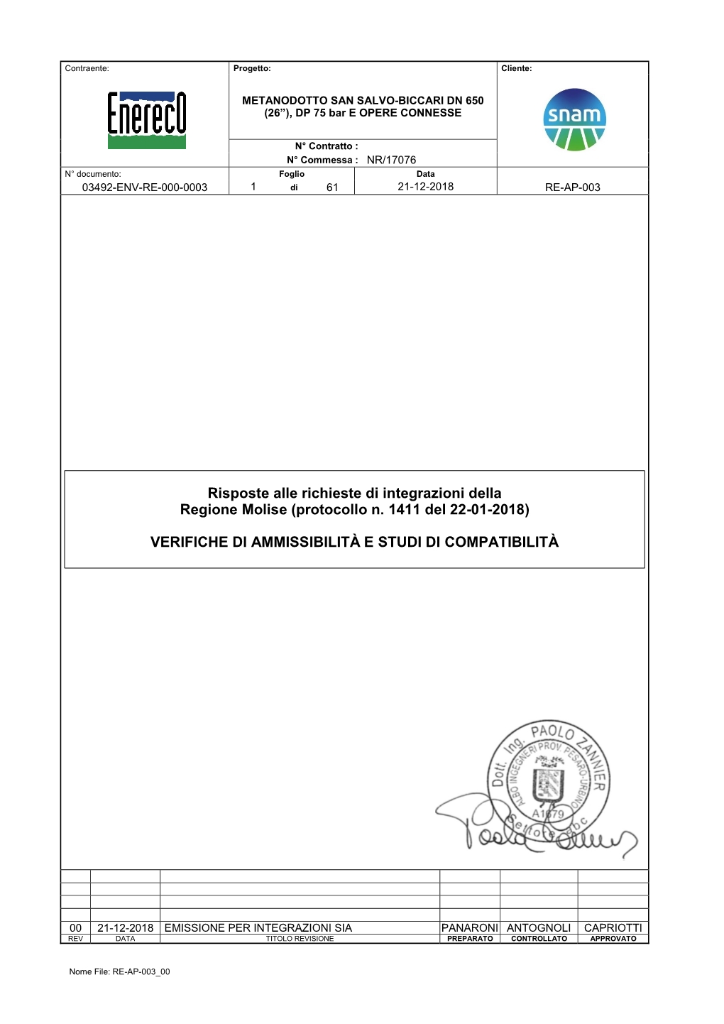 Risposte Alle Richieste Di Integrazioni Della Regione Molise (Protocollo N