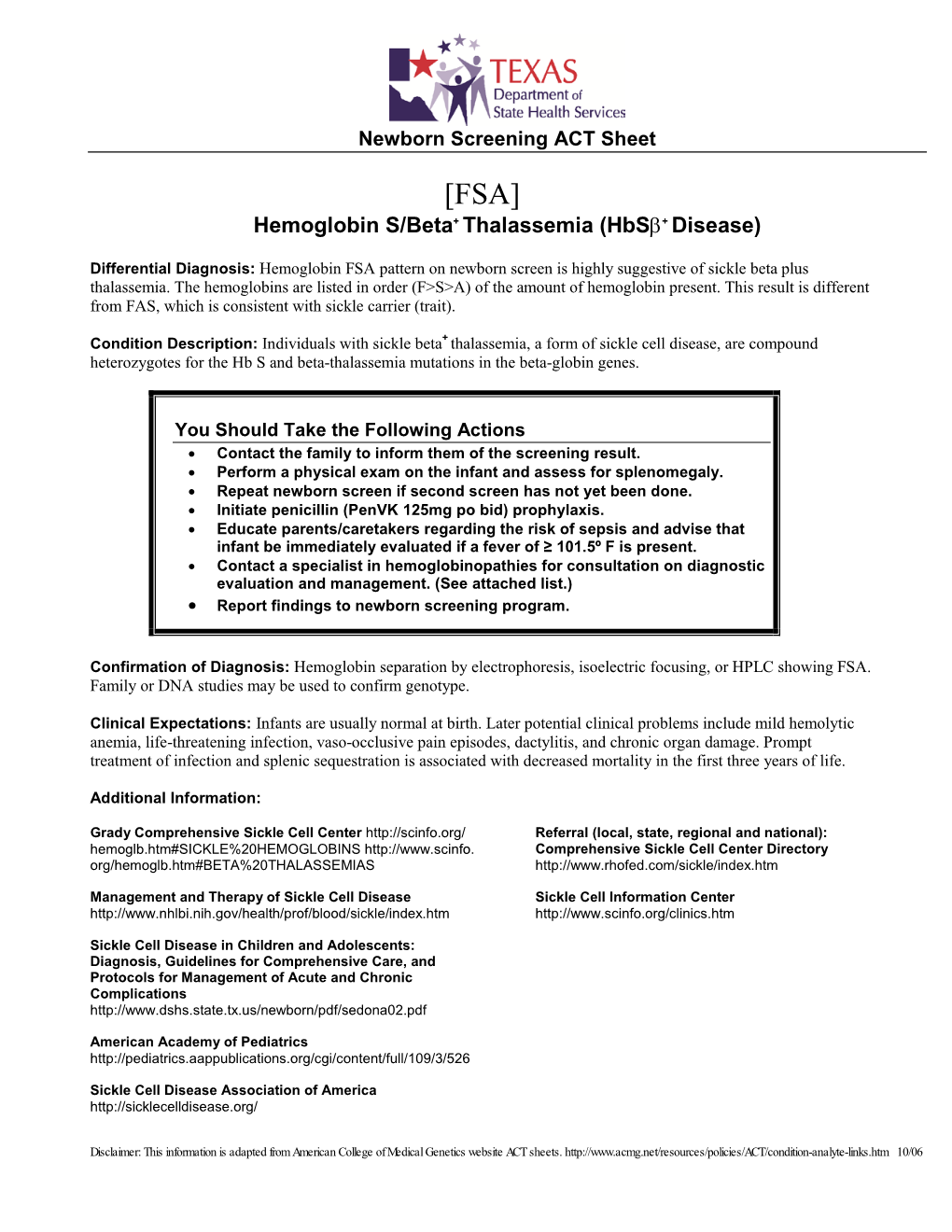 FSA (Hemoglobin S/Beta+ Thalassemia) Act & Fact Sheet