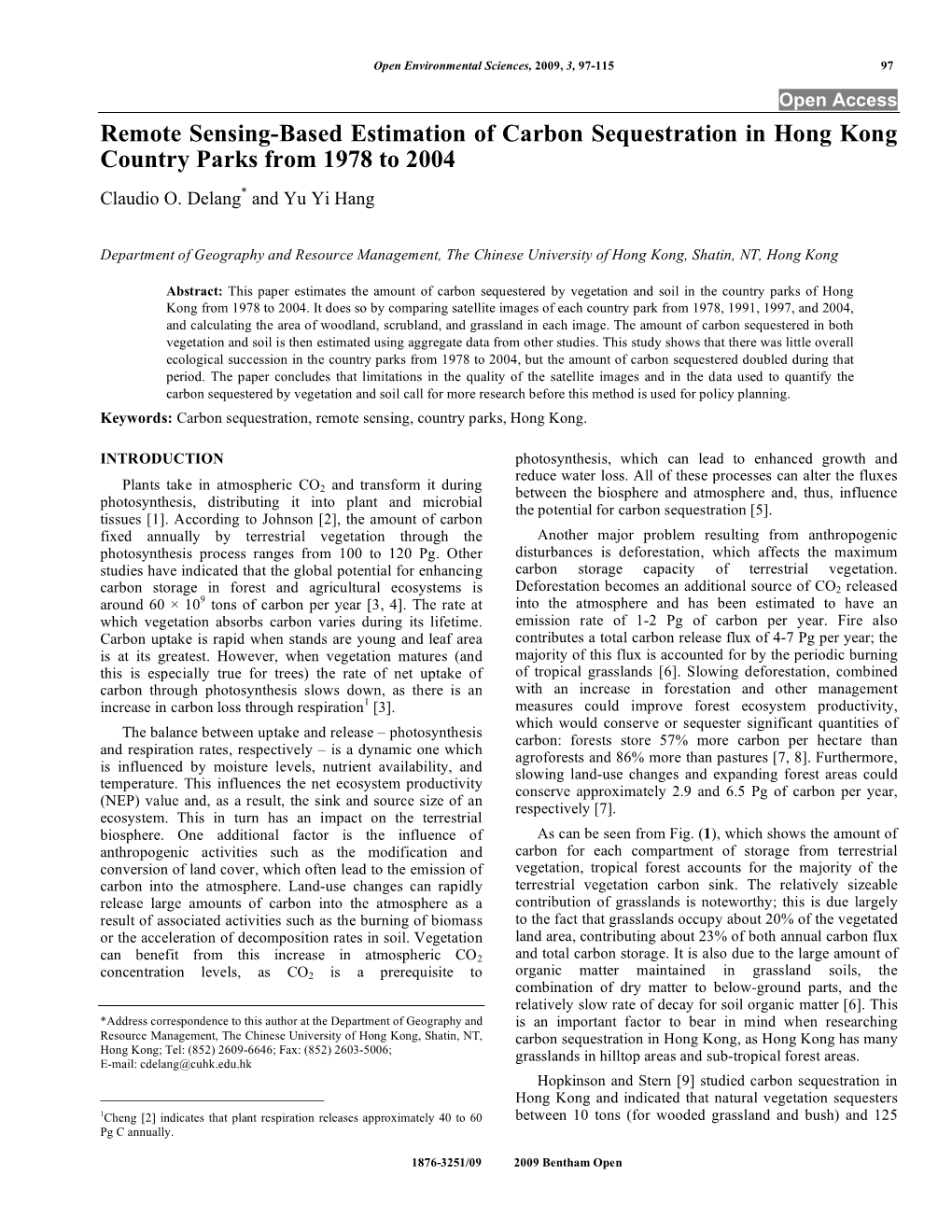 Remote Sensing-Based Estimation of Carbon Sequestration in Hong Kong Country Parks from 1978 to 2004 Claudio O