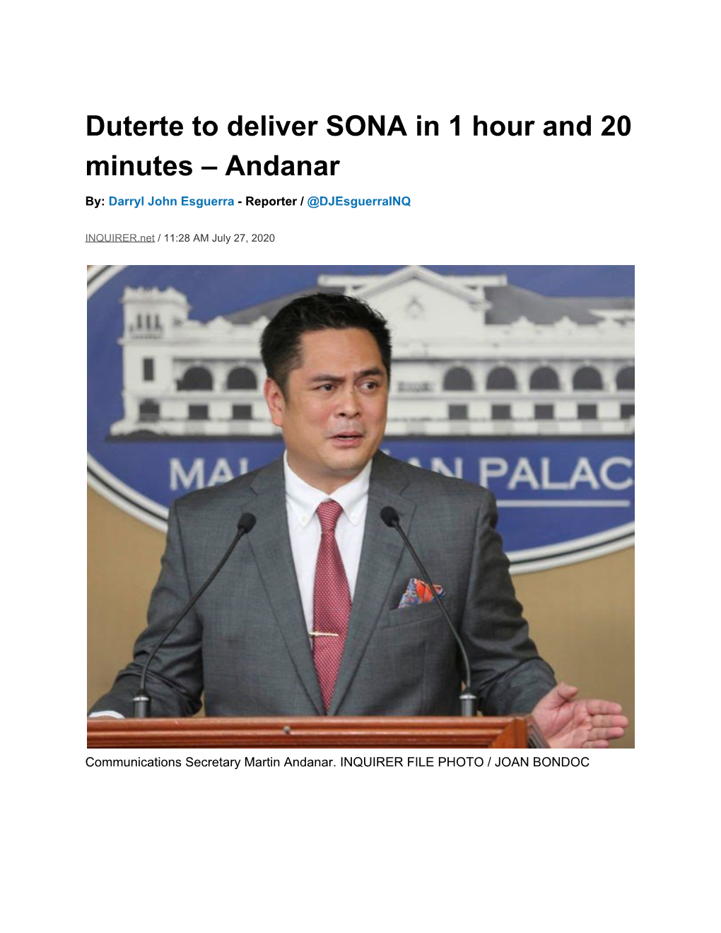 Duterte to Deliver SONA in 1 Hour and 20 Minutes – Andanar